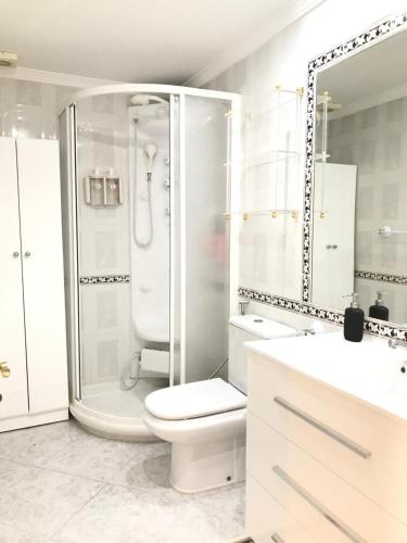 een witte badkamer met een douche en een toilet bij Horizont Patalavaca Beach Mogán & Parking in Patalavaca