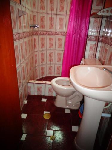 La salle de bains est pourvue de toilettes blanches et d'un lavabo. dans l'établissement Hospedaje San Pedro Tacna, à Tacna