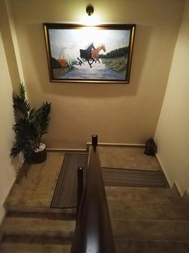 a stairway with a painting of a horse on the wall at Filoxenia Hotel in Ioannina