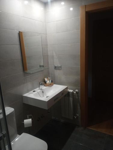 a bathroom with a sink and a toilet and a mirror at Valle del sol II in Pajares