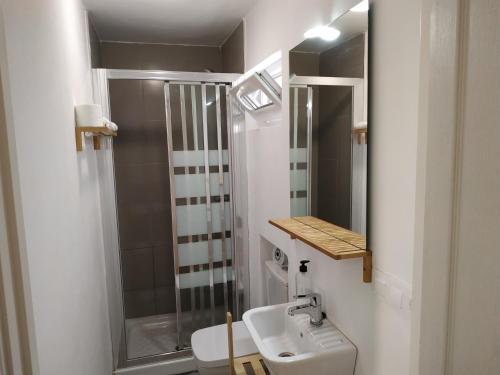 een badkamer met een toilet, een wastafel en een douche bij Pension Alver in Cudillero