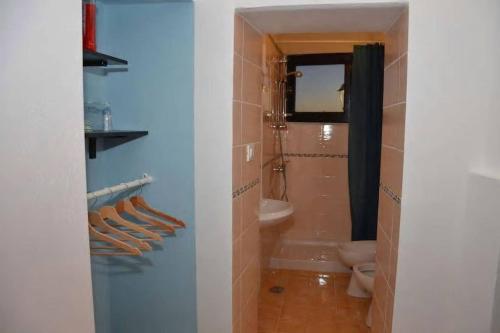ein Badezimmer mit einem WC, einem Waschbecken und einem Spiegel in der Unterkunft Eco del ponte in Sasso di Castalda