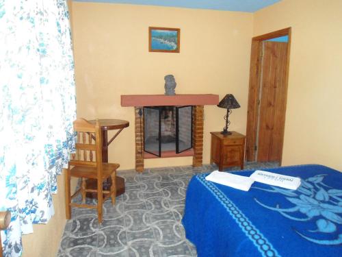 a living room with a bed and a fireplace at Posada Dos Hermanos in Huasca de Ocampo