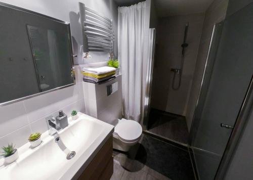 y baño con lavabo, ducha y aseo. en Big Apartment - City Center - 70m2 - Nice Design, en Wroclaw