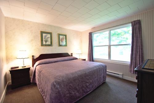 a bedroom with a bed and a large window at Lakeview Lodge and Cottages in Cavendish