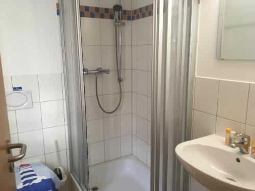 a bathroom with a shower and a sink at Alte Schule Niederdünzebach in Eschwege