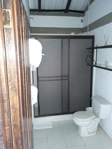 a bathroom with a toilet and a glass shower door at Hotel San Antonio del Cerro in Pereira