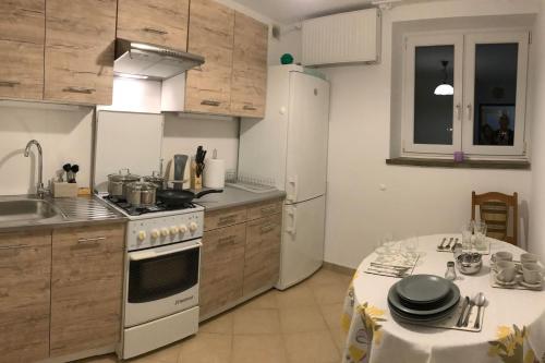 een keuken met een wastafel en een fornuis top oven bij Anita Apartament Nowowiejska in Warschau
