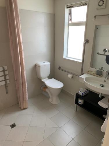 a bathroom with a toilet and a sink and a window at Salerno Motel Apartments in Christchurch