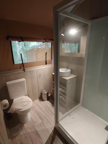La petite salle de bains est pourvue de toilettes et d'un lavabo. dans l'établissement Le Refuge, à Namur