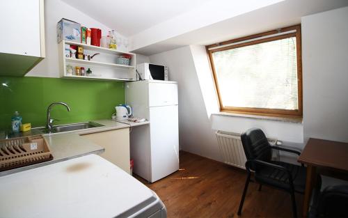 a small kitchen with a white refrigerator and a window at Beautiful View Of Sarajevo Center in Sarajevo