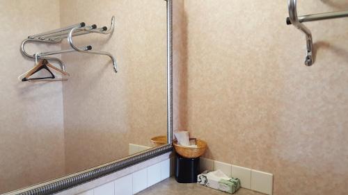 a bathroom with a shower with a basket in it at Atrium Inn & Suites in Galloway