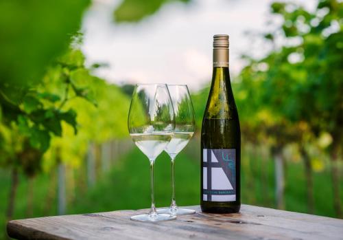 a bottle of wine sitting next to two wine glasses at Romantik Hotel Jagdhaus Eiden am See in Bad Zwischenahn