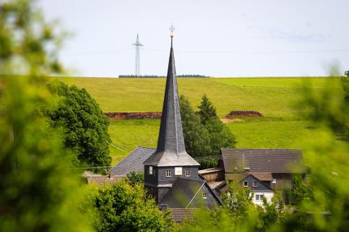 an old church with a steeple in a green field at Steinbachblick in Steinbach am Wald