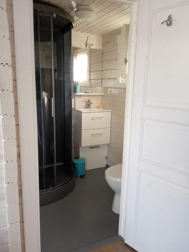 ein Bad mit einer Dusche und einem WC. in der Unterkunft AGREABLE PETIT CHALET in Camarsac