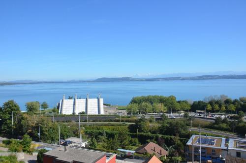 a large white building next to a large body of water at Appartements Vacances Saars 33 in Neuchâtel