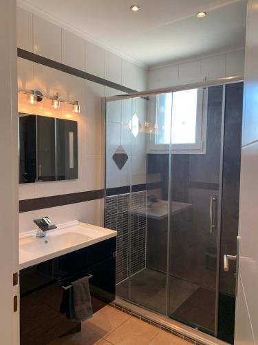 a bathroom with a shower and a sink at Villa Manet Portiragnes in Portiragnes