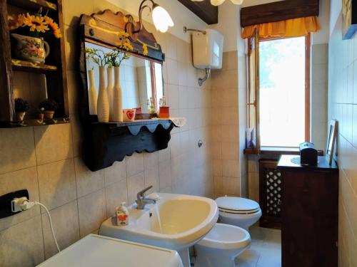 uma casa de banho com um lavatório, um WC e um espelho. em La Chiave del Gufo - Castel di Sangro em Castel di Sangro
