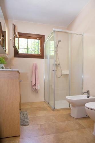 a bathroom with a shower and a toilet and a sink at Carrasqueta in Port d'Alcudia