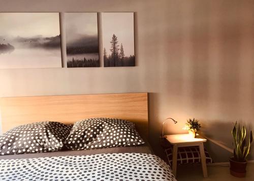 a bedroom with a bed with four pictures on the wall at Apartament Centrum in Zielona Góra