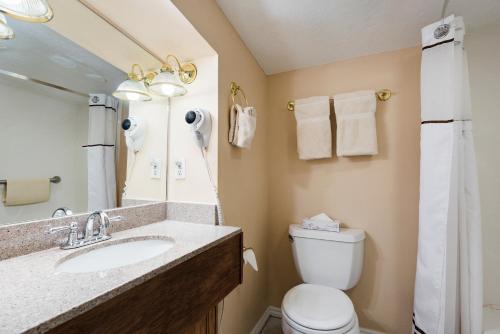 a bathroom with a sink and a toilet and a mirror at The Kimball at Temple Square in Salt Lake City