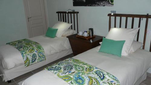 two beds with green and white pillows in a room at Domaine de Janis & Spa in Le Vigan