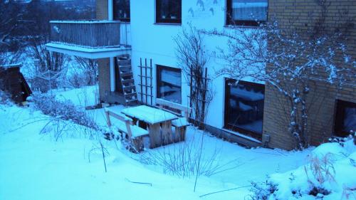 a snow covered yard with a bench in front of a building at Wikingerstadt 1 in Schleswig