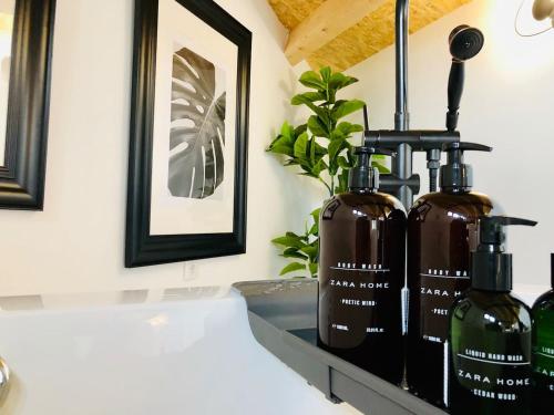 two bottles of soap are sitting on a bathroom counter at Casa Rural Idesign in Villanueva de Ávila