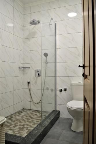 a bathroom with a shower with a toilet at Chola Guest House in Bitola