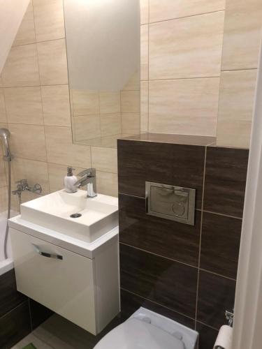a bathroom with a sink and a toilet at Domek na Jasnej in Muszyna