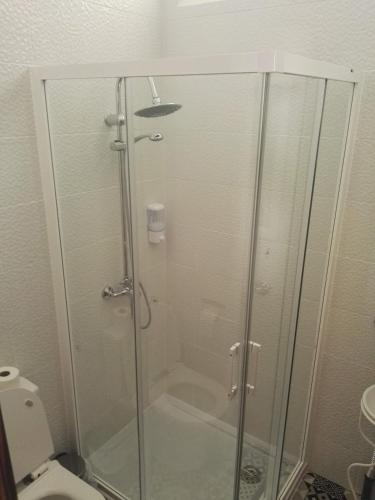 a glass shower in a bathroom with a toilet at Casa da Rainha in Azambuja