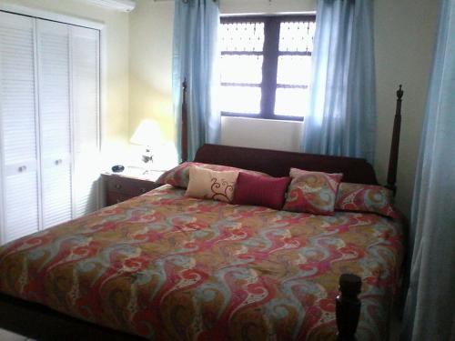ein Bett in einem Schlafzimmer mit einem Fenster und einer Tagesdecke in der Unterkunft Gillys Dream in Nassau