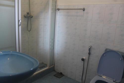 a bathroom with a blue toilet and a shower at Natures Bliss Holidays in Ja-Ela