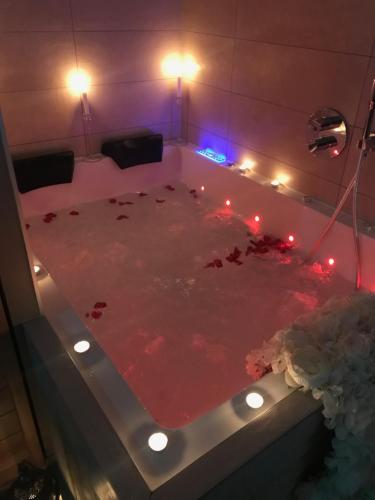 a bath tub filled with red liquid with lights in it at Nid à bulles - Loft 35m2 sauna jacuzzi 10min centre Strasbourg in Bischheim