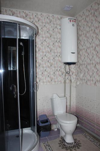 a bathroom with a shower and a toilet and a sink at Guest House Olga in Kaji-Say