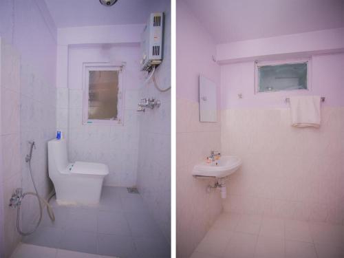 two pictures of a bathroom with a toilet and a sink at Durbar Home Stay in Pātan
