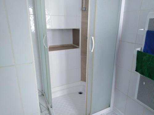 um chuveiro com uma porta de vidro na casa de banho em Petite maison em Lourdes
