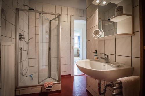 a bathroom with a shower and a sink at Villa Louisental - Gruppenunterkunft für Selbstversorger in Le Hohwald