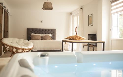 a living room with a bed and a bath tub at Mas lou Félibrige in Venelles
