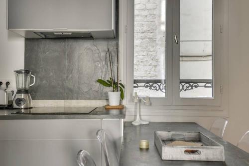 a kitchen with a counter with a sink and a window at Design Apt 4 pers - Paris 8ème in Paris