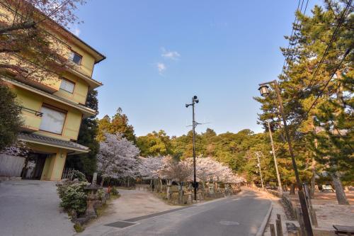 a street with flowering trees on the side of a building at Miyajima Morinoyado in Miyajima