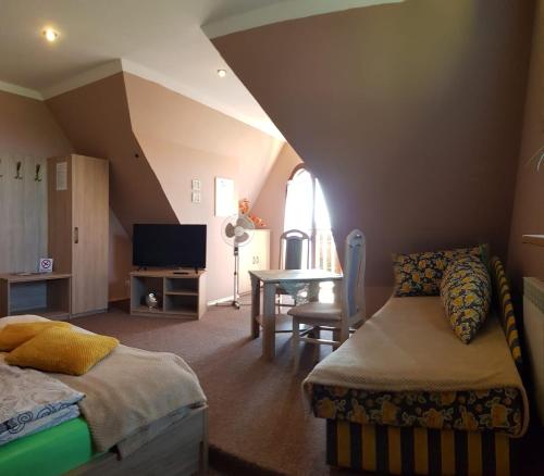 a attic room with a bed and a table and a television at Noclegi Barbara in Czorsztyn