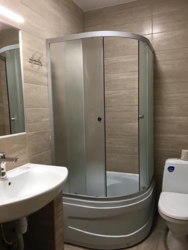 a bathroom with a shower and a sink and a toilet at Europa in Rakhiv