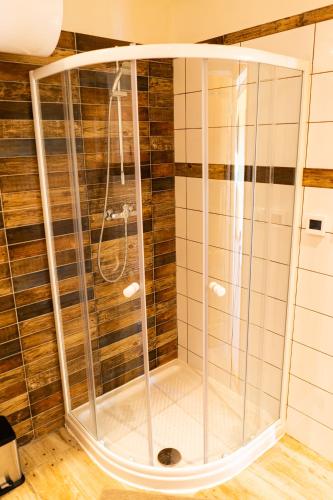a shower with a glass enclosure in a bathroom at Penzion Kera in Rossitz