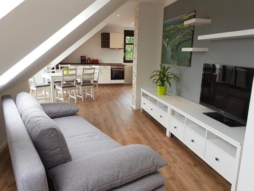 ein Wohnzimmer und eine Küche mit einem Sofa und einem TV in der Unterkunft Ferienwohnung Schlosswächter am Schloss Colditz in Colditz