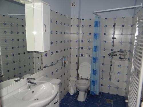 a bathroom with a sink and a toilet at Marinica Apartman in Hajdúszoboszló