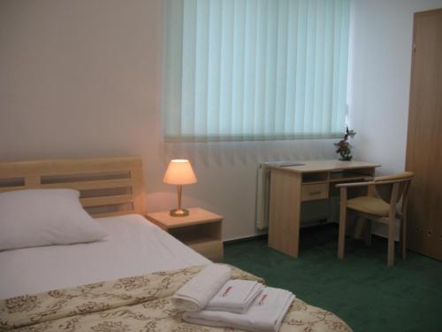 a hotel room with a bed and a desk and a desk at Pokoje Gościnne DACPOL in Piaseczno