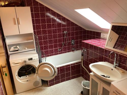 a small bathroom with a sink and a washing machine at Natürlicher Holzkomfort im hessischen Kegelspiel in Hünfeld