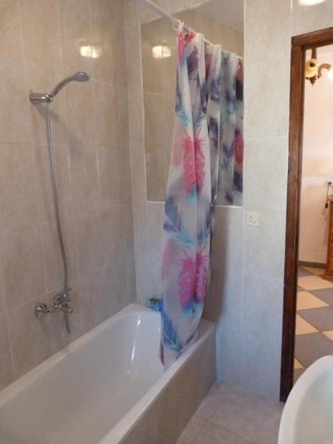 a bathroom with a bath tub with a shower curtain at Mi Casa in Oria