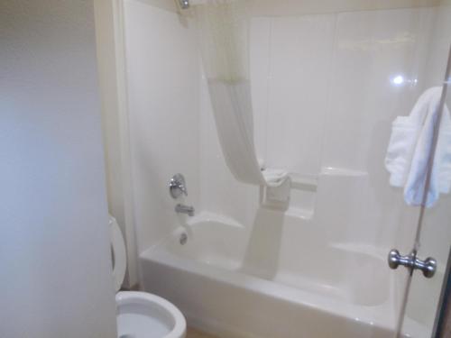 a white bathroom with a toilet and a shower at Baymont by Wyndham Bridgeport/Frankenmuth in Bridgeport